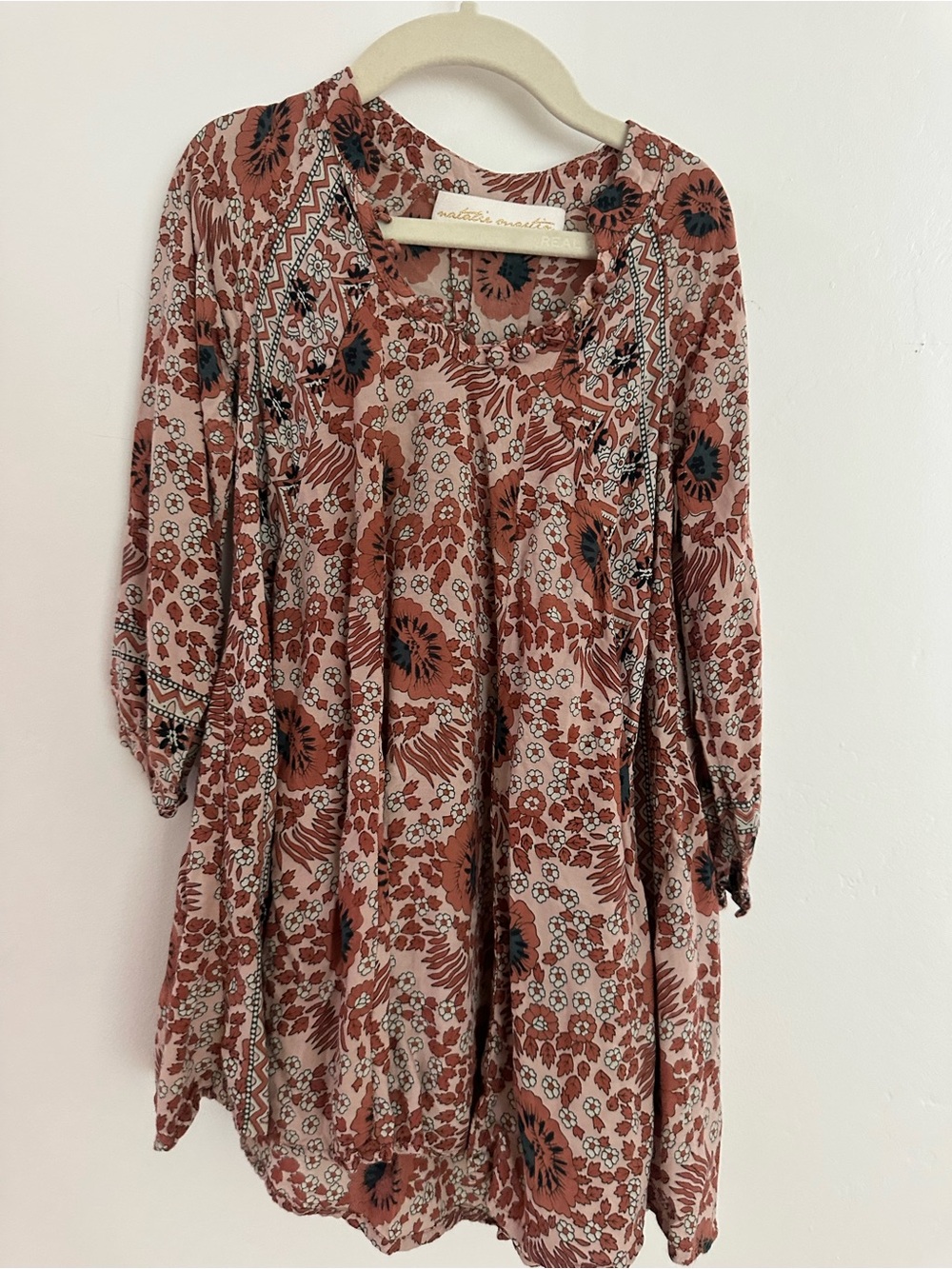 Natalie Martin Rust-Pink Floral Long-Sleeve Boho Tunic Dress